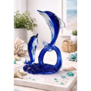 Blue Art Glass Dolphin Sculpture Double Dolphin Ocean Figurine